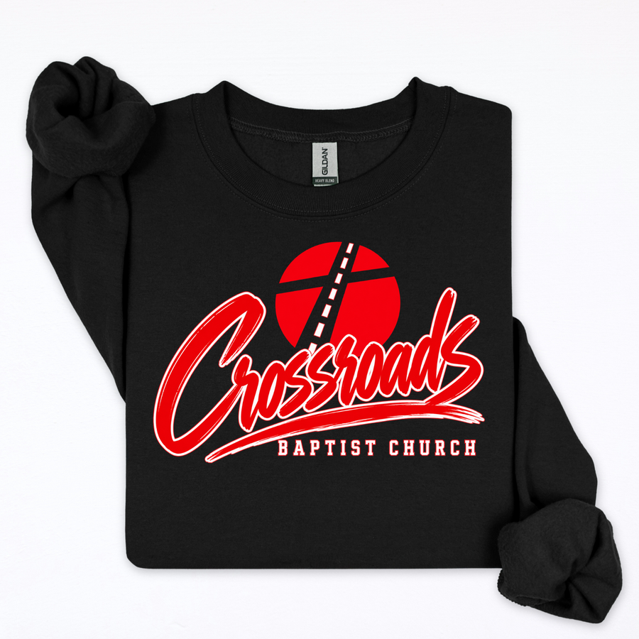 Crossroads- Cursive w/ Logo Behind